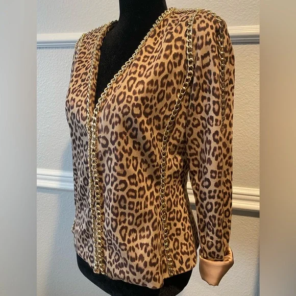 XS Boston Proper leopard faux suede jacket blazer with gold chain trim - Picture 5 of 13